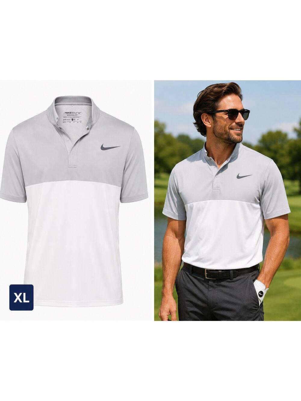 Nike Dri-Fit Polo Men's XL White Grey Colorblock Victory Golf Shirt Sports Prep